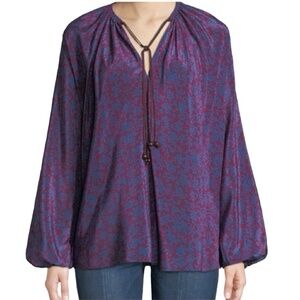 ELIZABETH AND JAMES CHANCE BURGUNDY & BLUE SILK BOHEMIAN LOOSE FIT BLOUSE NWT